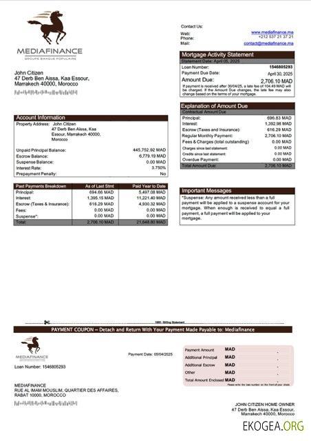 Maroc Relevé hypothécaire Mediafinance Modèle Word et PDF